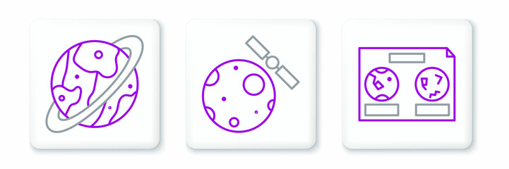 Set line Celestial map of the night sky, Space capsule and parachute and Satellites orbiting planet Earth icon. Vector