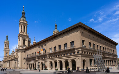 Fototapeta na wymiar Zaragoza, Spain - April 21 2022 - Ayuntamiento de Zaragoza (The Zaragoza City Hall)
