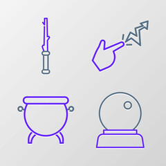 Set line Magic ball, Witch cauldron, Spell and wand icon. Vector