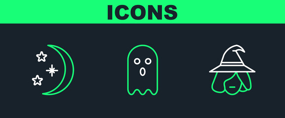 Set line Witch, Moon and stars and Ghost icon. Vector