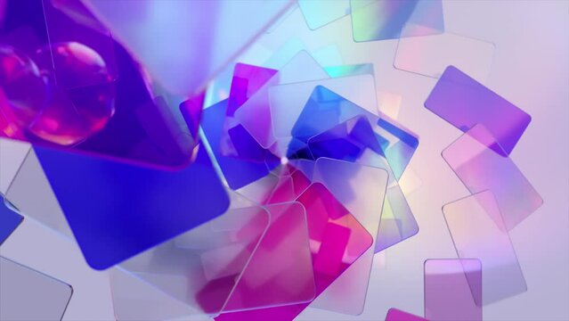 Bright plastic cards fall from above in a spiral. Blue, purple, pink color. 3D animation of a seamless loop.