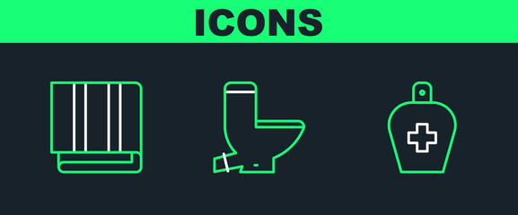 Set line Bottle of liquid antibacterial soap, Towel stack and Toilet bowl icon. Vector