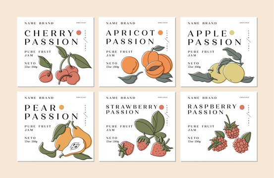 Vector illustration set of design labels with apple, apricot, pear, strawberry and raspberry, cherry fruits - simple linear style. Emblems composition with fruits and typography.