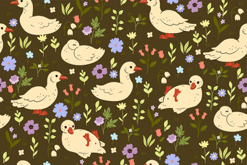 Seamless pattern with cute ducks and flowers. Vector graphics.