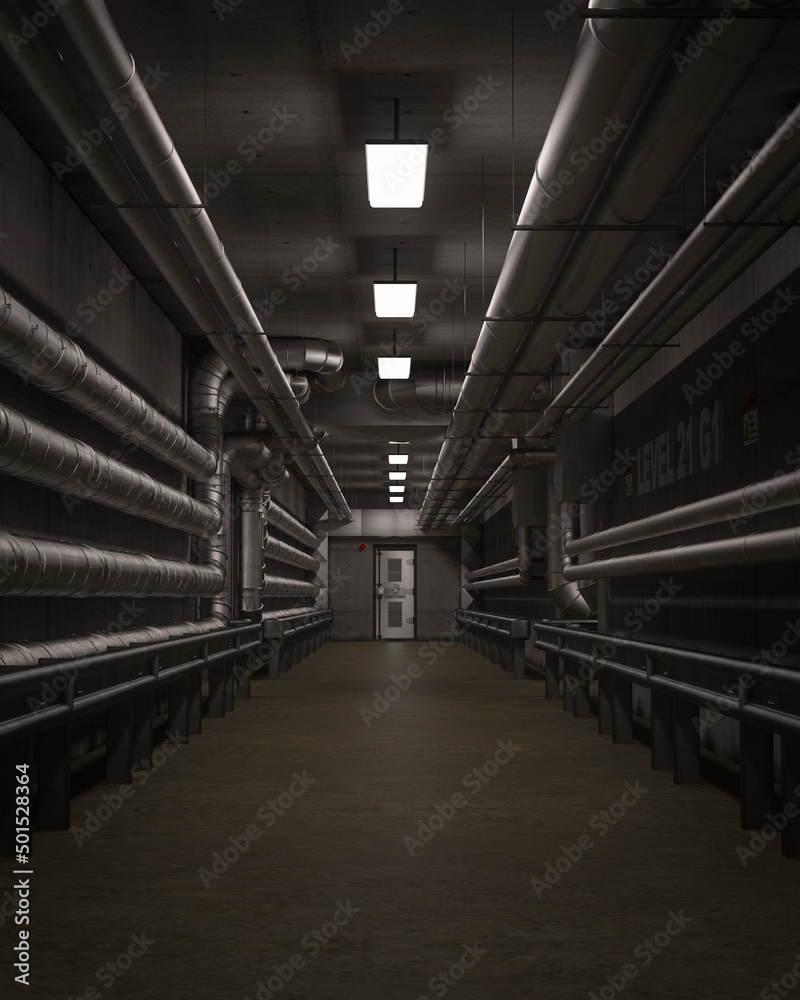 Poster dark industrial interior corridor with metal piping along the walls. 3d rendering in portrait format