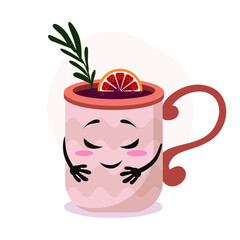 Vector big brown cup with hot drink. Mulled wine with rosemary and orange. Funny cartoon mug character with smile. 