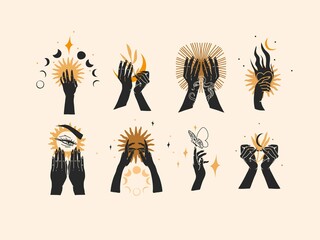 Hand drawn vector abstract graphic illustration with logo elements collection bundle set,magic line art of crescent,moon and human hands black silhouettes,isolated,Minimalist feminine astrology.