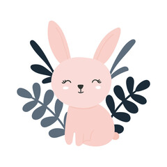 Hand drawn greeting card, poster, with cute, sweet hand drawn bunny and dark leaves.