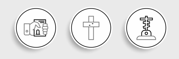 Set line Grave with cross, Death certificate in hand and Christian icon. Vector