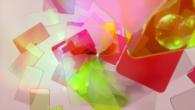 Brightly colored plastic cards fall from above in a spiral path. Pink red green color. 3d animation of a seamless loop.