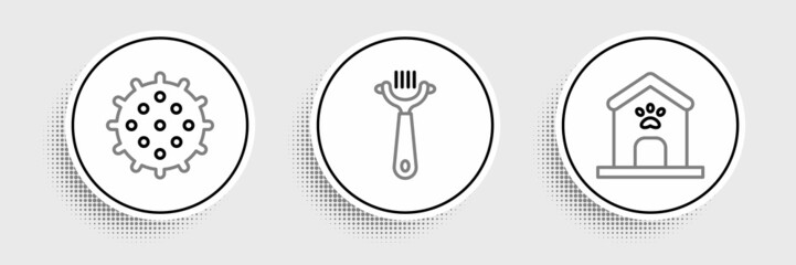 Set line Dog house and paw print, Tennis ball and Hair brush for dog cat icon. Vector