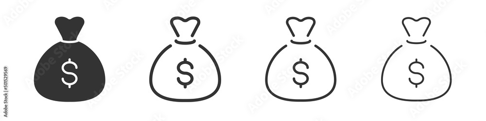Poster dollar money bag icons collection in two different styles and different stroke. vector illustration 
