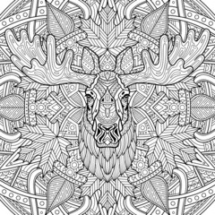 Elk. Moose. Head of a horned elk. Hand-drawn moose portrait. Sketch graphics illustration on ornamental background. Patterned head of an adult animal. Full face. Ethnic motifs. Doodle illustration