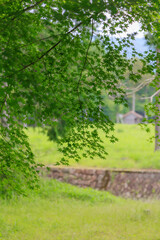 Fototapeta premium 田舎の山に囲まれた小屋