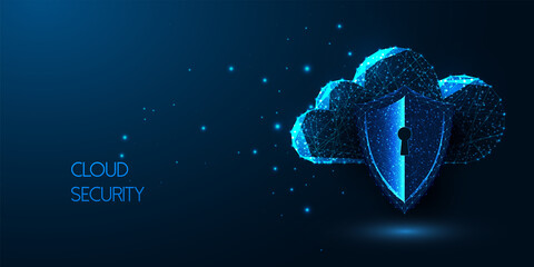 Futuristic cloud security concept with glowing low poly digital cloud storage and protective shield