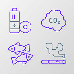 Set line Cigarette, Dead fish, CO2 emissions in cloud and Battery icon. Vector