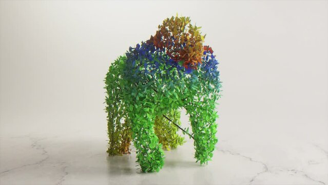 The concept of nature and animals. The branches and leaves of the tree grow in the shape of a gorilla. 3d animation
