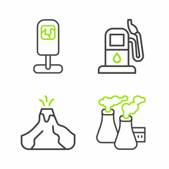 Set line Smoke from factory, Volcano eruption with lava, Petrol gas station and Trash icon. Vector