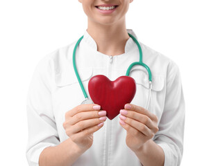 Doctor with stethoscope and red heart on white background, closeup. Cardiology concept