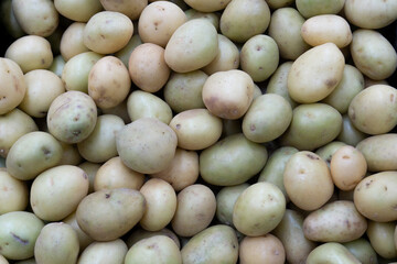 Lots of white potatoes on a supermarket shelf. Sale of fresh vegetables in the market. Green unripe potatoes.