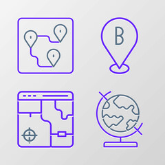 Fototapeta premium Set line Earth globe, Infographic of city map, Location and Route location icon. Vector