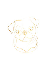 Pug Dog Art Poster Print Gift by WithOneLine, Cute Dog Print, One Gold Line Drawing White Background