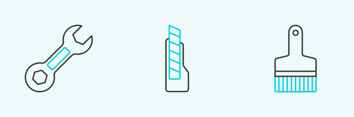 Set line Paint brush, Wrench spanner and Stationery knife icon. Vector