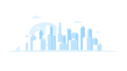 Fototapeta na wymiar Simple and clean blue panoramic vector cityscape. Low detailed buildings. Metropolis with skyscrapers. Backdrop cityscape template.