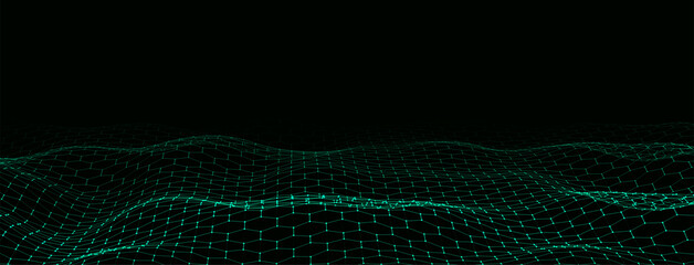 Futuristic green hexagon dynamic wave. Futuristic honeycomb concept. Digital technology webflow. Big data visualization. Vector Illustration.