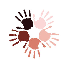 Hand prints different tone skin in circle. Symbol racial equality and diversity. Partnership and mutual assistance concept. International day of tolerance. Vector illustration - obrazy, fototapety, plakaty