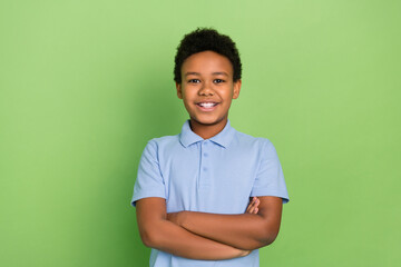 Portrait of attractive cheerful content pre-teen schoolkid folded arms lesson isolated over green color background