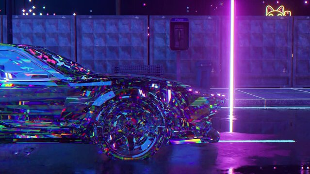 The concept of future technologies. The blue sports car turns into a diamond one. Night city. neon light. 3d animation