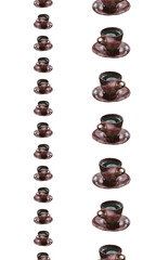 Seamless vertical divider of brown coffee cups, isolated on white, in two sizes. Watercolor illustration. For cards, invitations, menu, recipe, scrapbooking, stationery and packaging design