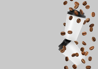 Coffee to go. Paper cups and roasted beans flying on light background, space for text