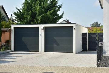 Fototapeta na wymiar Moderne Beton-Garage mit Automatik-Tor in der Hauszufahrt