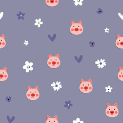 Vector flat animals colorful illustration for kids. Seamless pattern with cute pig face on color polka dots background. Adorable cartoon character. Design for textures, card, poster, fabric, textile