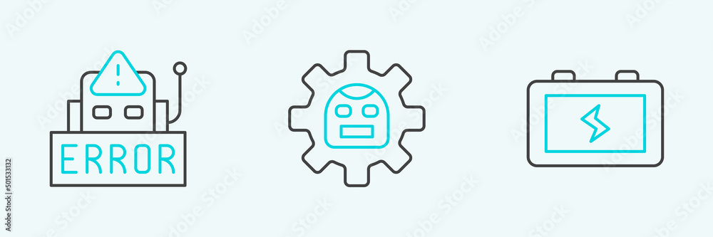 Poster set line battery, error in robot and robot icon. vector