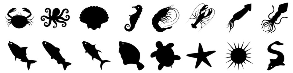 Seafood icon vector set. sea ​​creations illustration sign collection. animals symbol or logo.