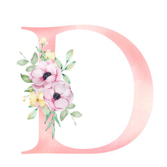 Floral watercolor alphabet, letter D with anemones