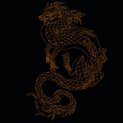 Vector dragon in black and gold colors, vector image, emblem, mascot, tattoo