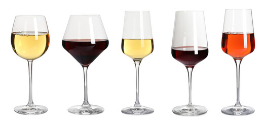 Set with glasses of different delicious expensive wines on white background. Banner design