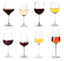 Set with glasses of different delicious expensive wines on white background