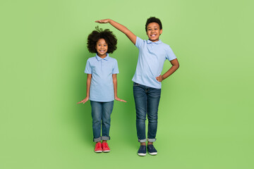 Fototapeta Full length body size view of two attractive trendy cheerful pre-teen kids measuring growth isolated over green color background obraz