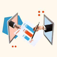 Contemporary art collage. Male hands sticking out tablet. Businessmen discussing statistics, graphs online via internet