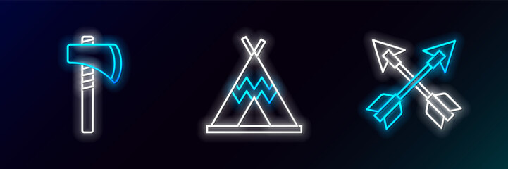 Set line Crossed arrows, Tomahawk axe and Indian teepee or wigwam icon. Glowing neon. Vector © Oksana