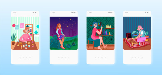 Tarot card prediction, magic potion, astrology, ouija board. Occultism mobile app screen, vector website banner template