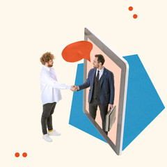 Contemporary art collage. Business people shaking hands via tablet symbolizing online cooperation...