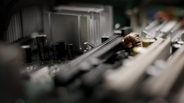 Computer components. Motherboard. Macro shot with dinamic light, 60 fps