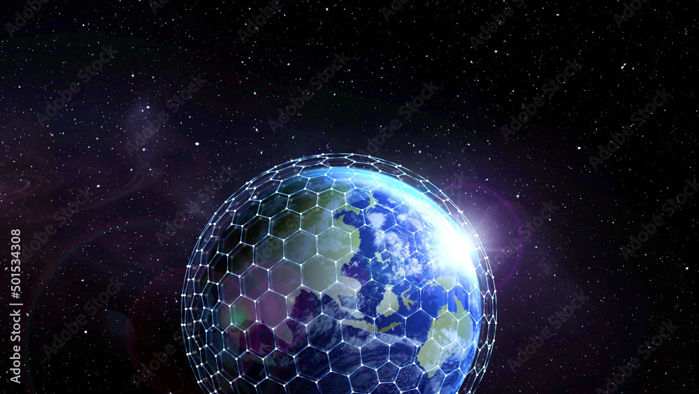 Wall mural global network connection. earth in open space and digital web, illustration