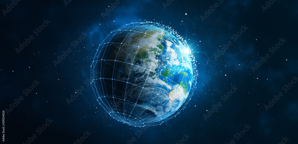 Wall mural global network connection. earth in open space and digital web, illustration